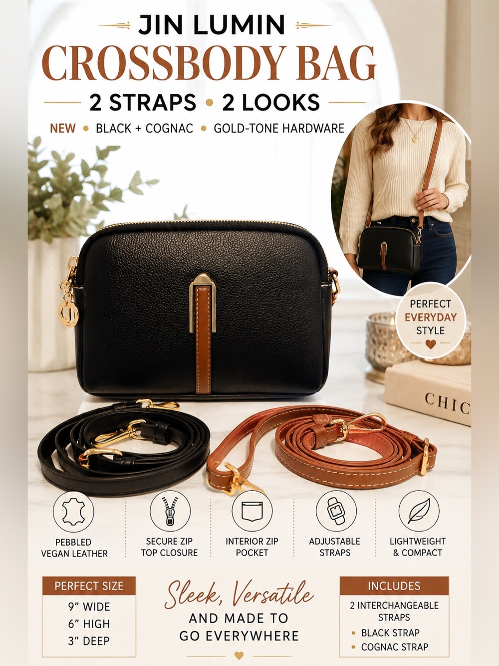 NEW Jin Lumin Black Crossbody Bag with Tan Accent & Two interchangeable Straps